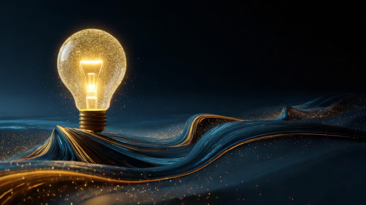 Abstract concept of a bright glowing light bulb floating on a flowing river of golden and blue lines, symbolizing the birth of a brilliant idea, creativity, and technological innovation