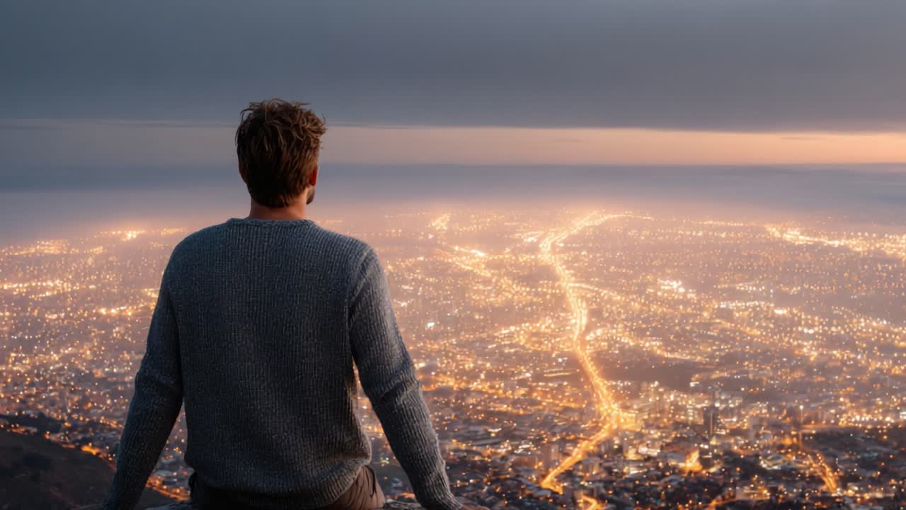 A Scenic View of a City Illuminated at Night: A Person Reflects on the Beauty of Urban Life from a High Perspective