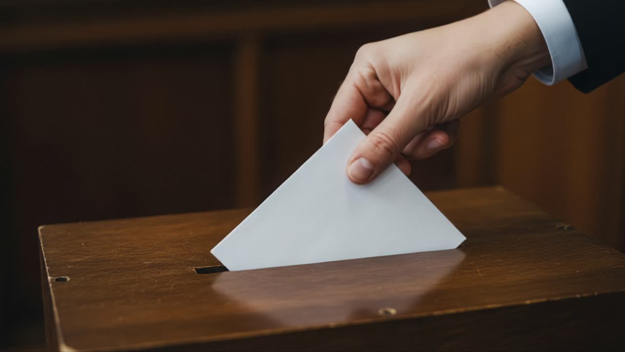 A Voter Casting a Ballot into a Wooden Ballot Box to Participate in a Democratic Election Process Highlighting Civic Engagement and Responsibility