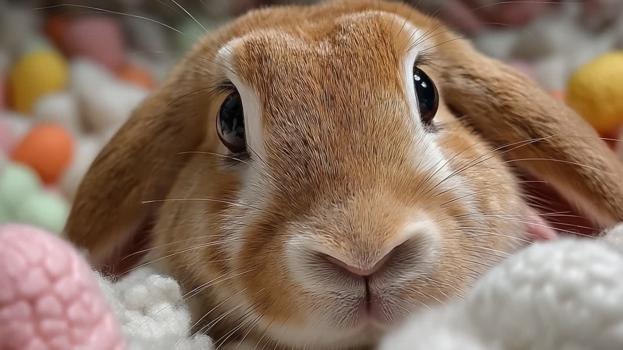 Adorable conejo mirando a la cámara rodeado de coloridas bolas de espuma y textiles suaves en un ambiente acogedor