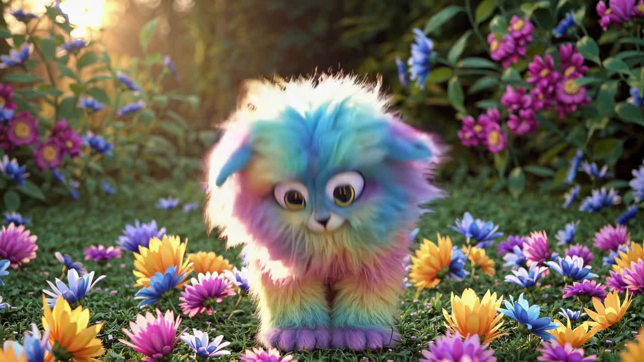 Rainbow colored furry creature displaying playful emotions while wandering through vibrant garden filled with blooming flowers and soft pastel blossoms