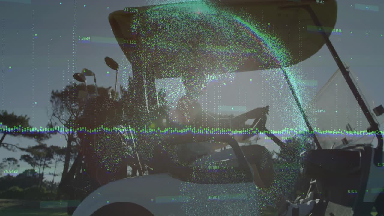 Golfer starting cart driving across golf course, holo growing by cart wave tracing turf toward hole