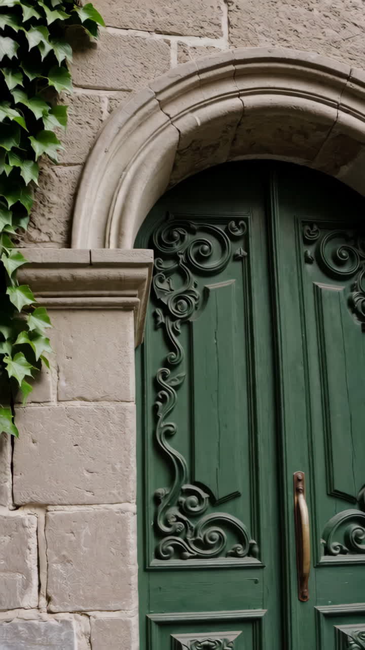 Ornate Green Wooden Door with Intricate Carvings