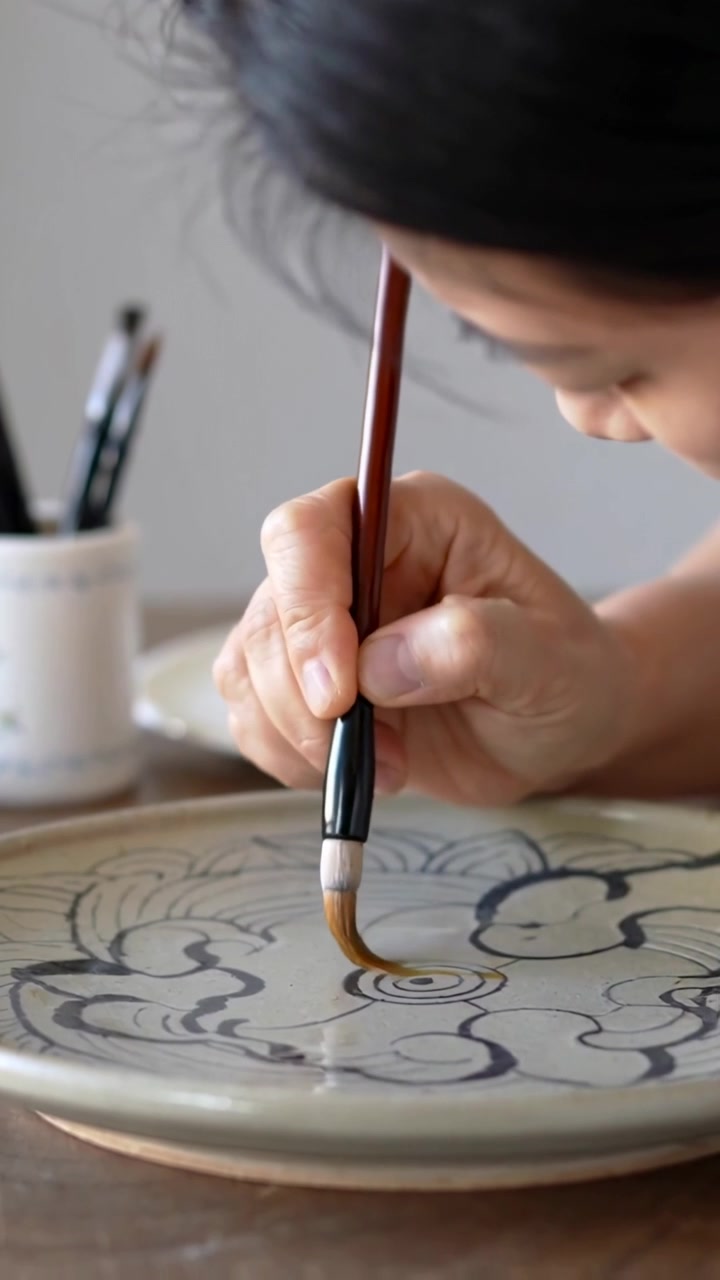 Vertical video: Placing brush into motif, woman artist painting rings on plate in studio with cup