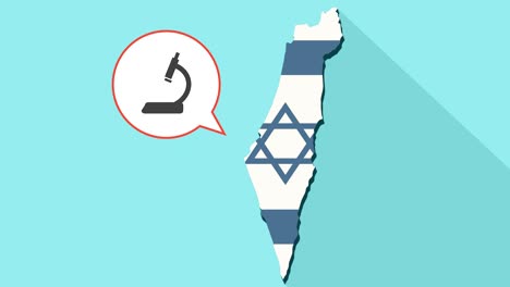 animación de una larga sombra mapa de israel con su bandera y un globo cómico con un icono de microscopio