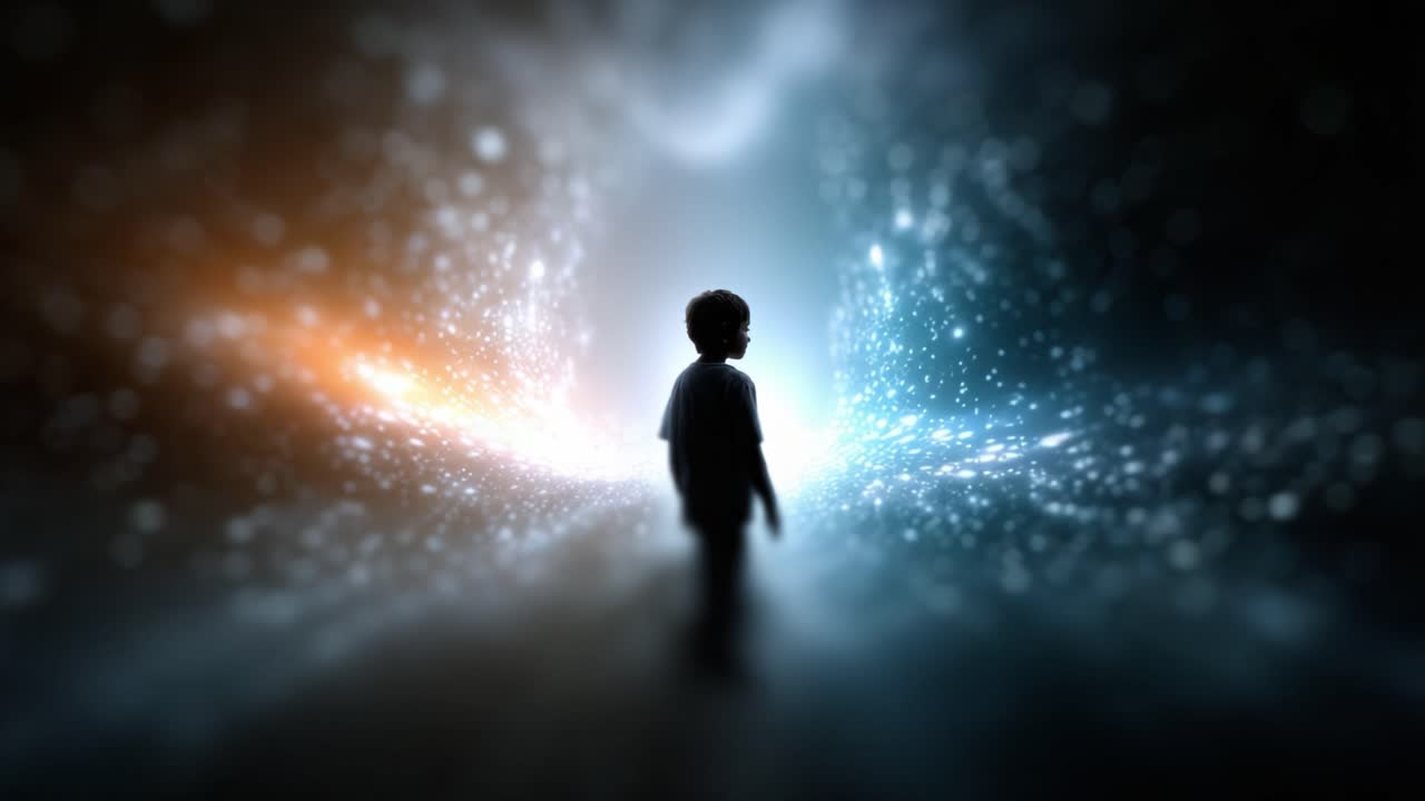 A Child Standing at the Edge of a Mystical Portal Surrounded by Glowing Lights and Cosmic Energy, Embracing the Unknown with Wonder and Curiosity
