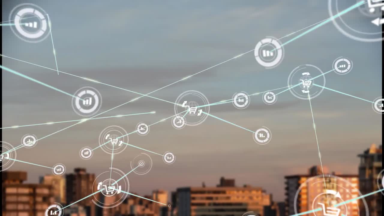 Animation of network of connections over cityscape