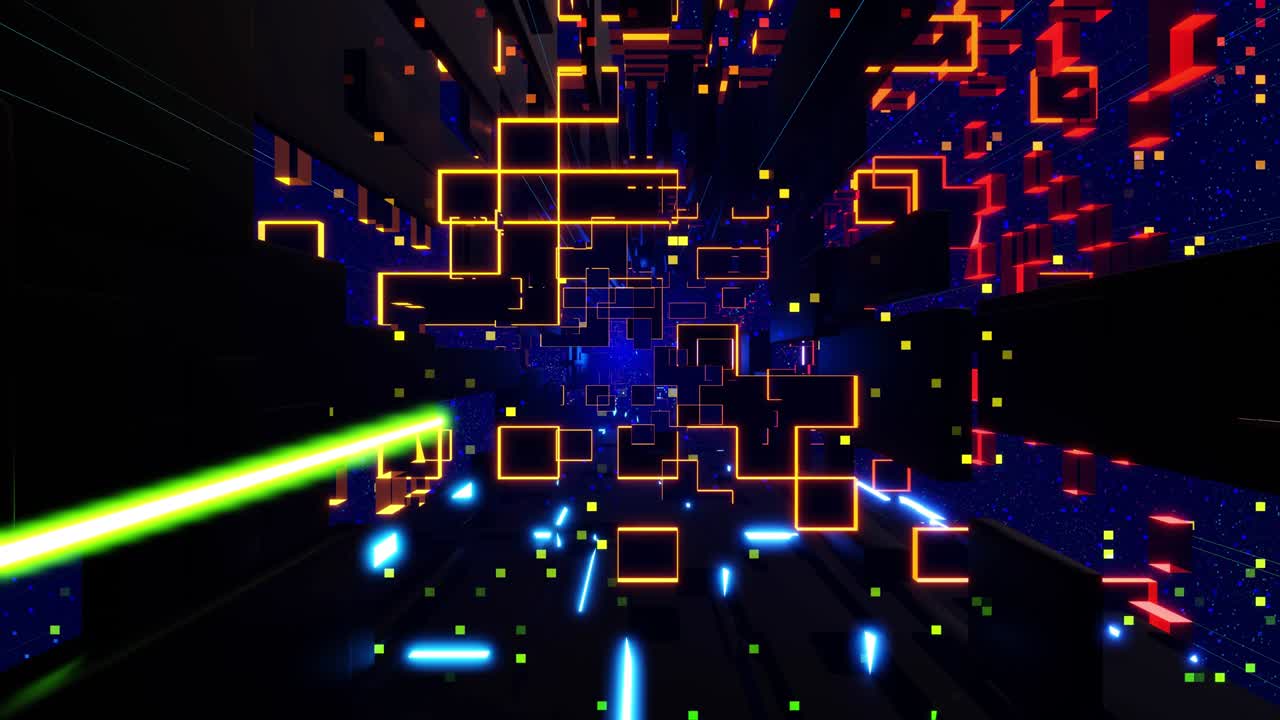 concepto de tecnología futurista. fondo en bucle de ciencia ficción oscura. vuelo a través del espacio digital de alta tecnología o en un túnel de vidrio metálico con luz de neón, bloques. flujo de información de alta tecnología en blockchain o bigdata.