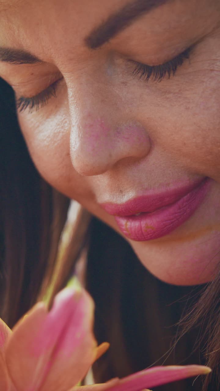 A Close-Up Reflection of Serenity: A Woman's Gentle Smile While Appreciating Nature's Beauty Captured in Two Frames