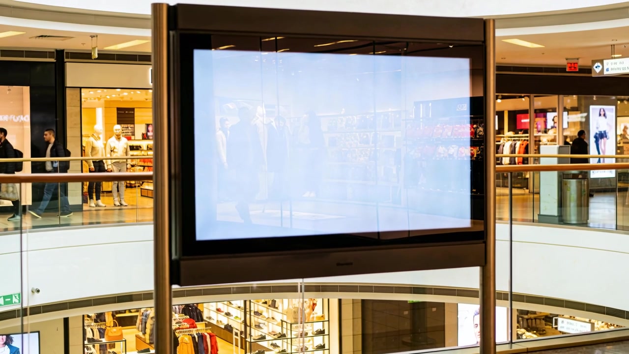 Indkøbscenterets digitale skærm viser et blegt panel, mens en shopper går forbi for at kigge i butikker.
