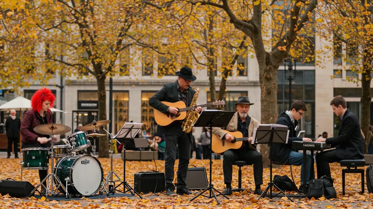 En fengslende utendørs musikkforestilling midt blant høstens levende løvverk: Musikere engasjert i en inspirerende jam-session, som vekker melodier til live i et naturskjønt miljø