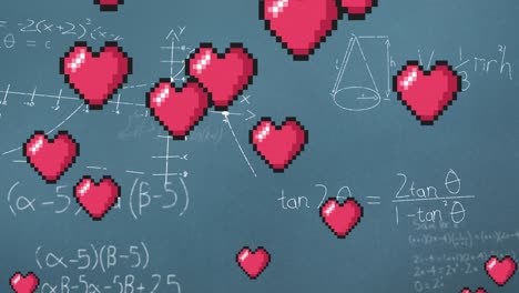 Animation-of-hearts-falling-over-mathematical-equations-on-chalkboard