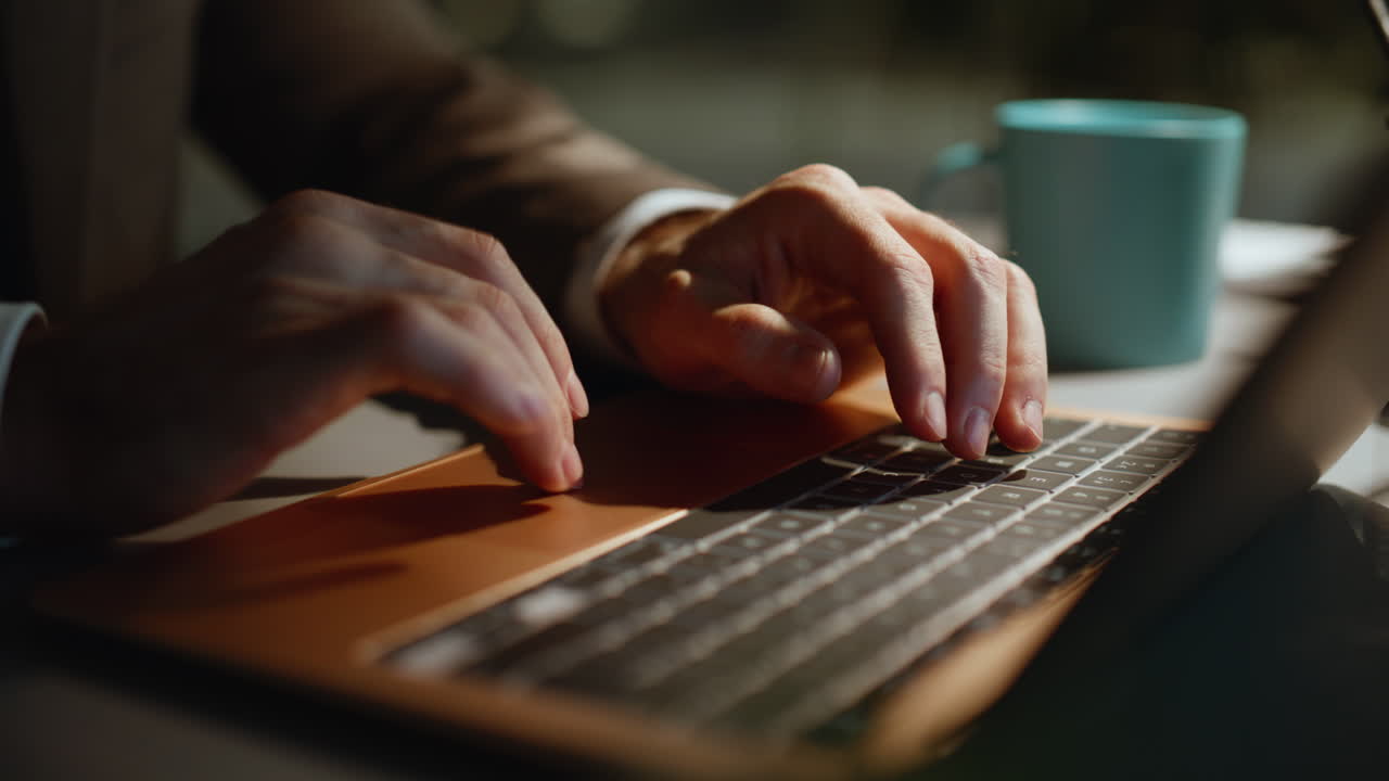Boss hands working late evening closeup. Unknown businessman having deadline