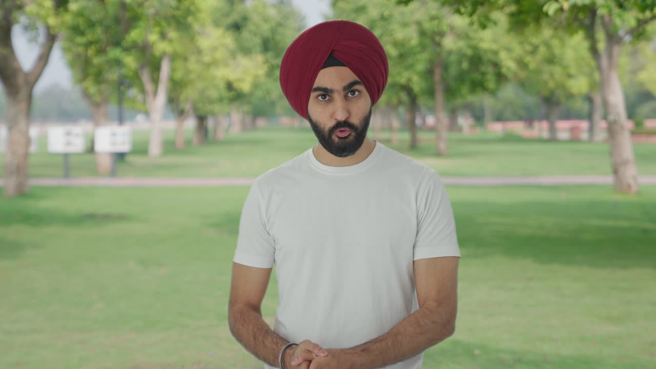 Serio uomo Sikh indiano che parla al parco