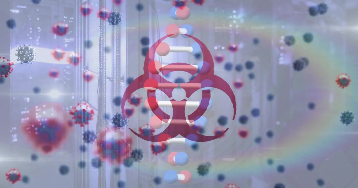 In allerta, emblema rosso di rischio biologico con un'elica centrale, sfere diagonali che scivolano e fluttuano per indicare pericolo.