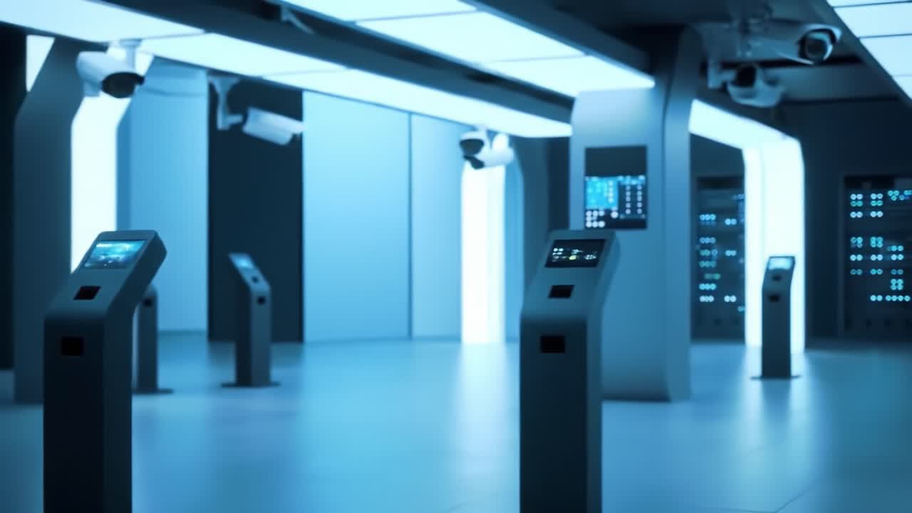 In a high-tech facility, interactive touchscreen panels and surveillance cameras create a modern atmosphere. The blue lighting sets a futuristic scene in this advanced robotic control center.