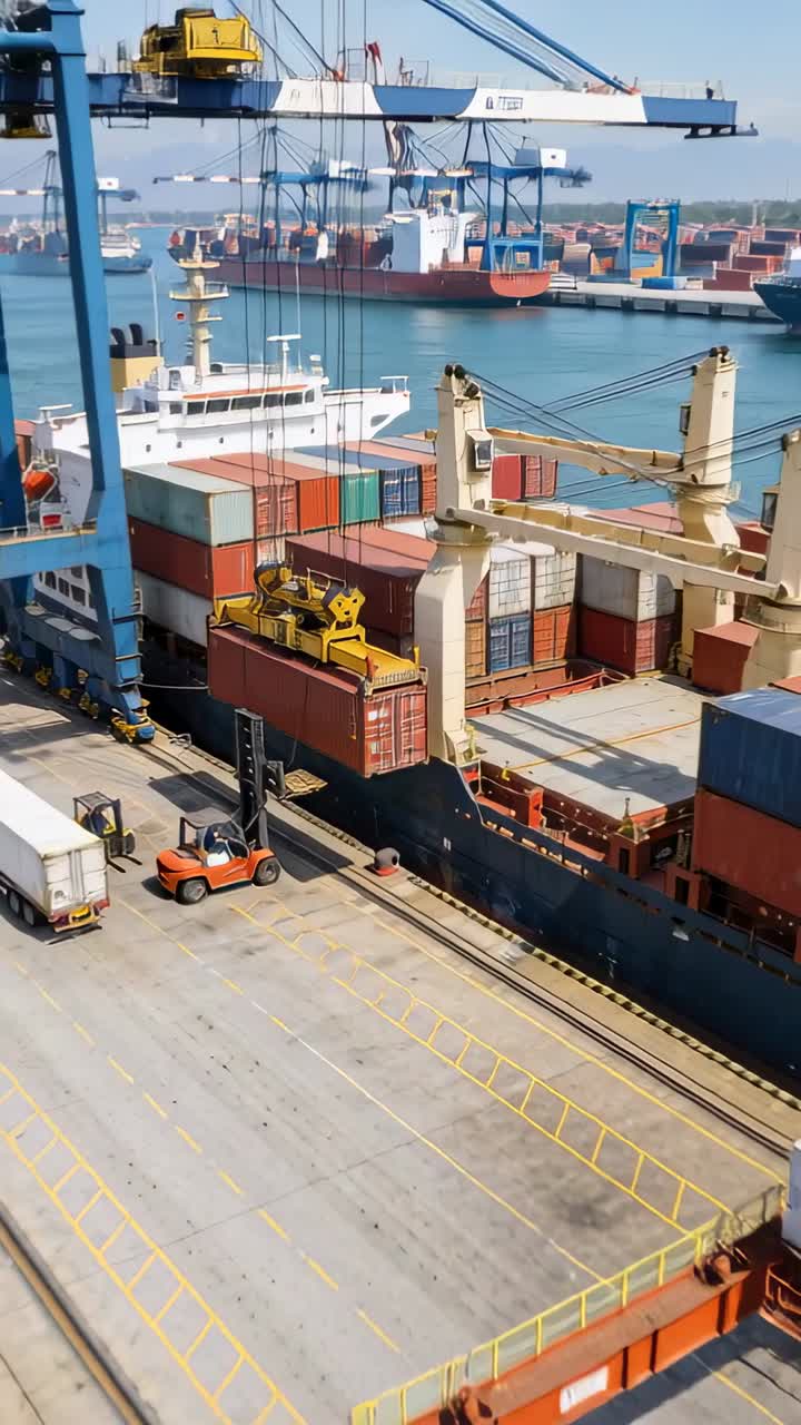 Video verticale: Gru che solleva un container in banchina dopo che lo spreader si è bloccato per il trasferimento, operaio con giubbotto.