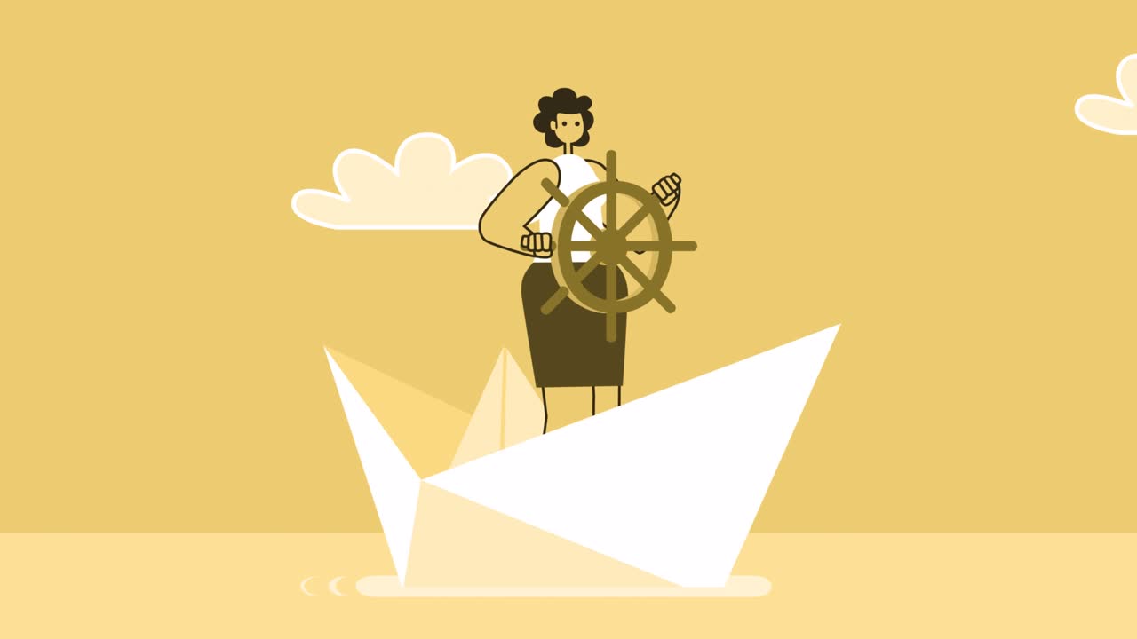 노란색 스타일의 여성 평평한 캐릭터가 종이 선박 보트에서 항해합니다. 알파 채널과 함께 고립된 루프 애니메이션