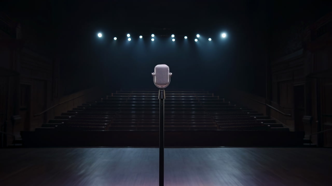 Empty Stage Vintage Microphone Under Spotlight, Moody Auditorium Lighting With Distant Balcony And Polished