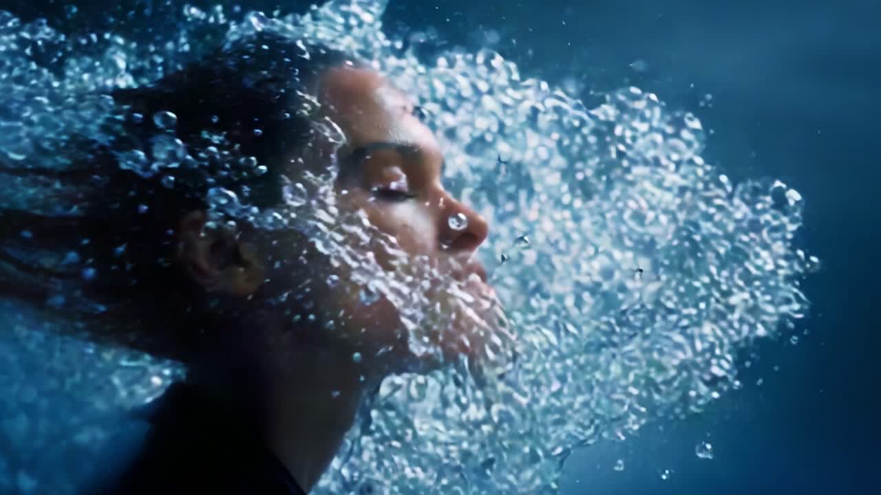 A Serene Exploration of Underwater Beauty: Captivating Close-Up of a Woman's Face Surrounded by Bubbles and Water, Evoking Tranquility and Fluidity in a Stunning Visual Composition