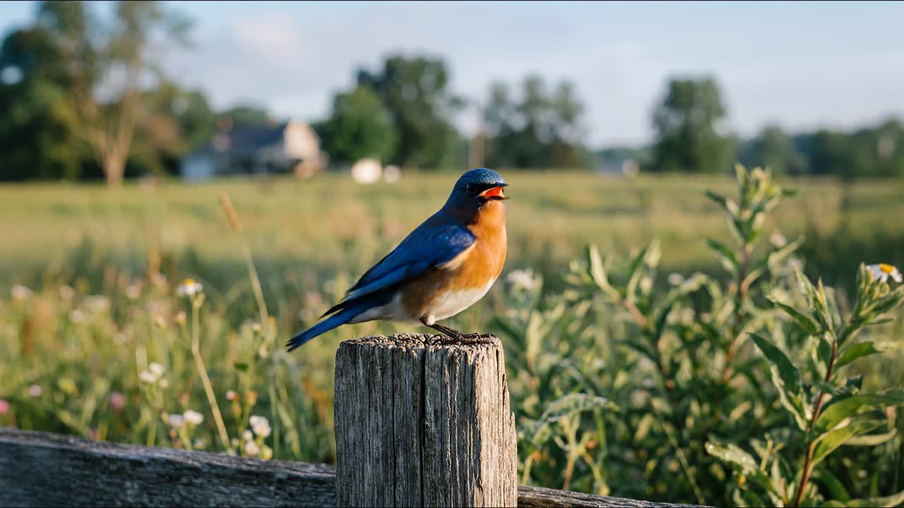 Uccello azzurro orientale appollaiato su un palo di recinzione di legno in un campo soleggiato.