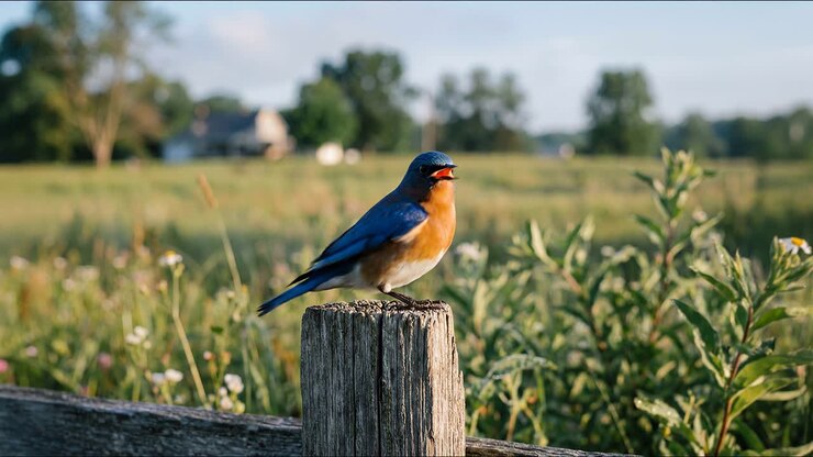 Eastern Bluebird Perched on a Wooden Fence Post in a Sunny Field