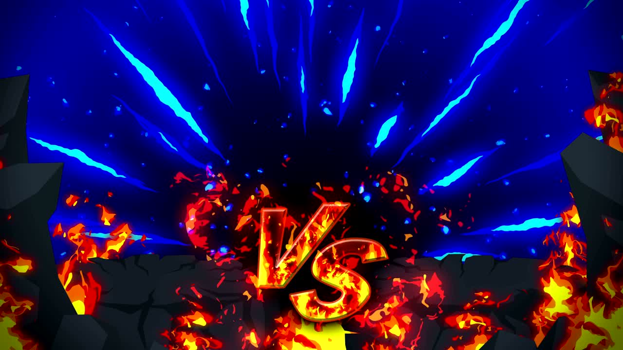 만화 화재 애니메이션. 불꽃 루프 배경. 경쟁. 전투 게임. 아이콘에 대항. 아이콘과 대결.