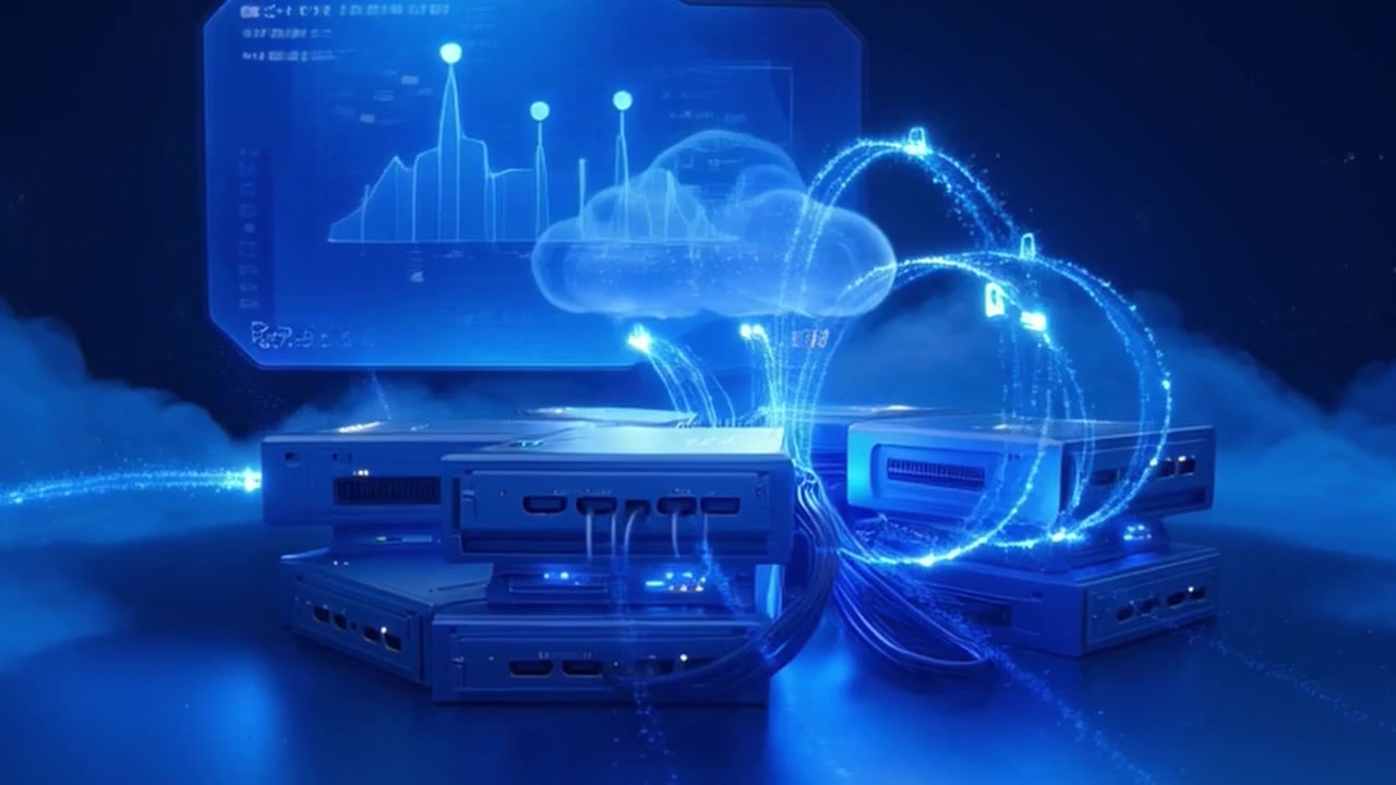 Digital Cloud Computing Infrastructure with Data Flow and Security Icons