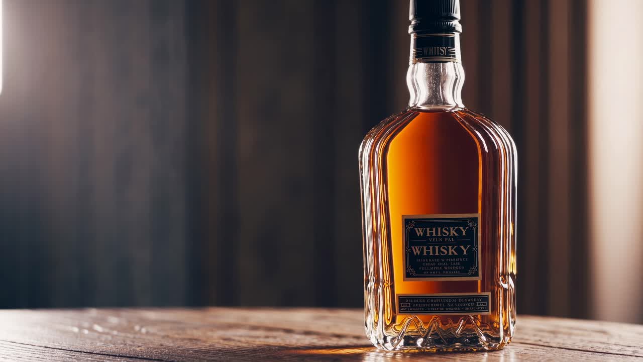 Primo piano di una bottiglia di whisky su un tavolo rustico in legno, con illuminazione calda