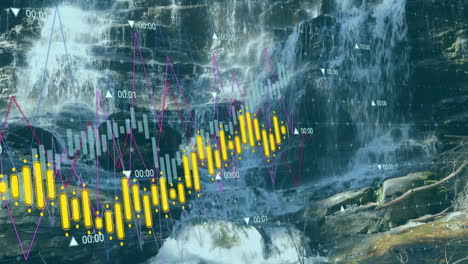 Graphs and charts overlaying waterfall animation in school finance presentation