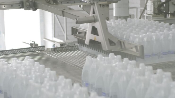 Modern strapping and transporting machine for packaging line at beverage plant