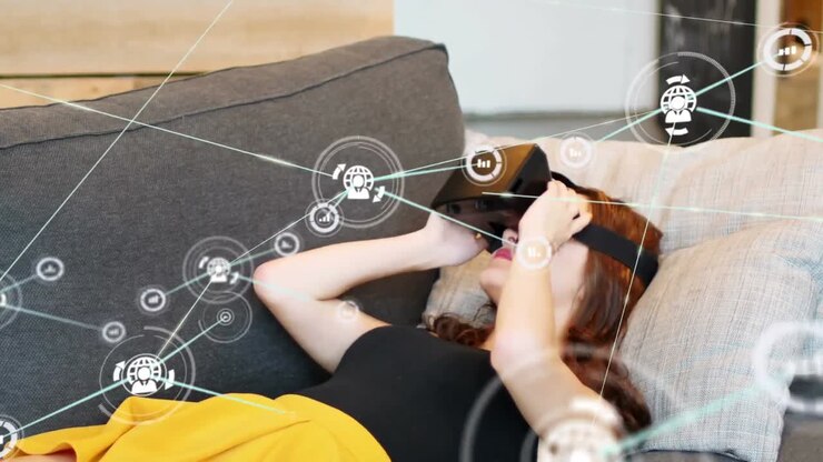 Animation of network of connections with icons over woman wearing vr headset
