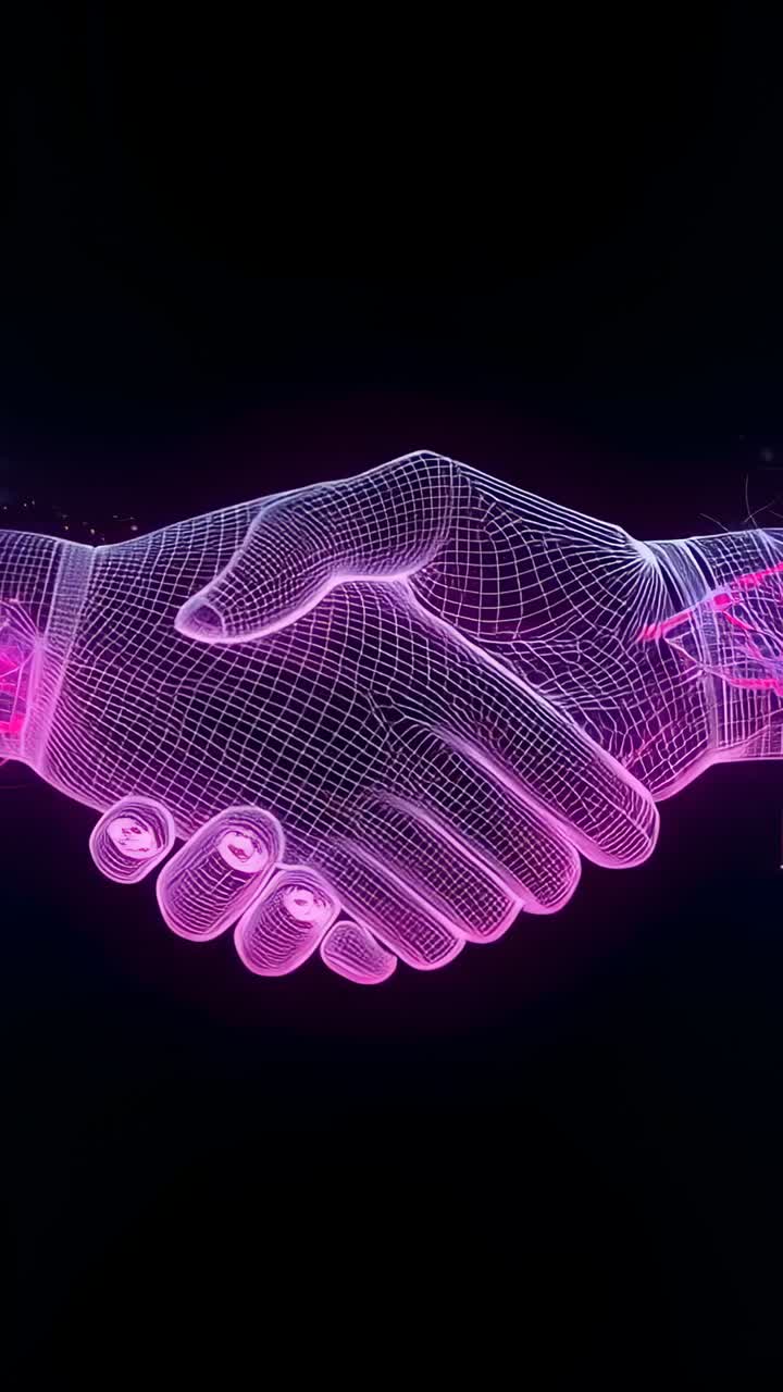 Video verticale: Mani che stringono una rete al neon intensificando la luminosità dopo il contatto nel vuoto, mostrando il polsino