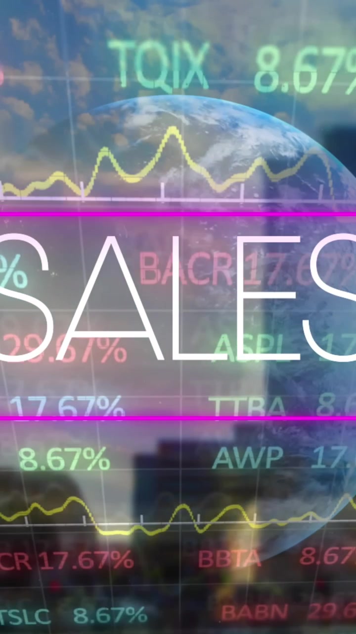 Animation af neonsalg og finansielle data over skyskrabere