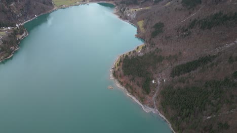 Klöntalersee-Switzerland-Glarus-wide-aerial-above-of-famous-natural-lake