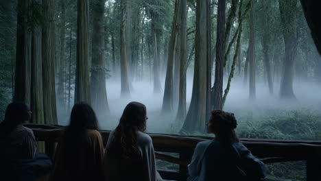 women gaze upon a mysterious, misty forest