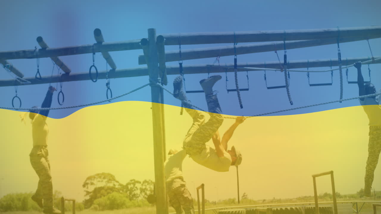 animación de diversos soldados haciendo ejercicios sobre la bandera de ucrania