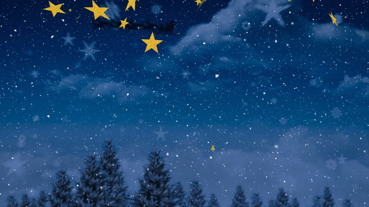 animación de estrellas y nieve cayendo sobre santa claus en trineo con renos y paisaje de invierno.