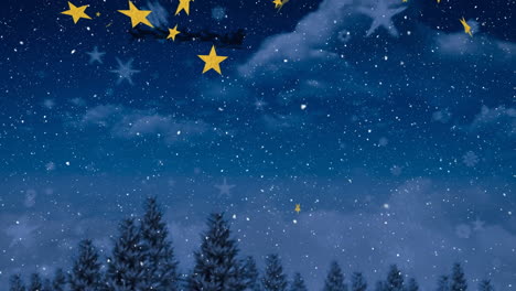 animation of stars and snow falling over santa claus in sleigh with reindeer and winter landscape