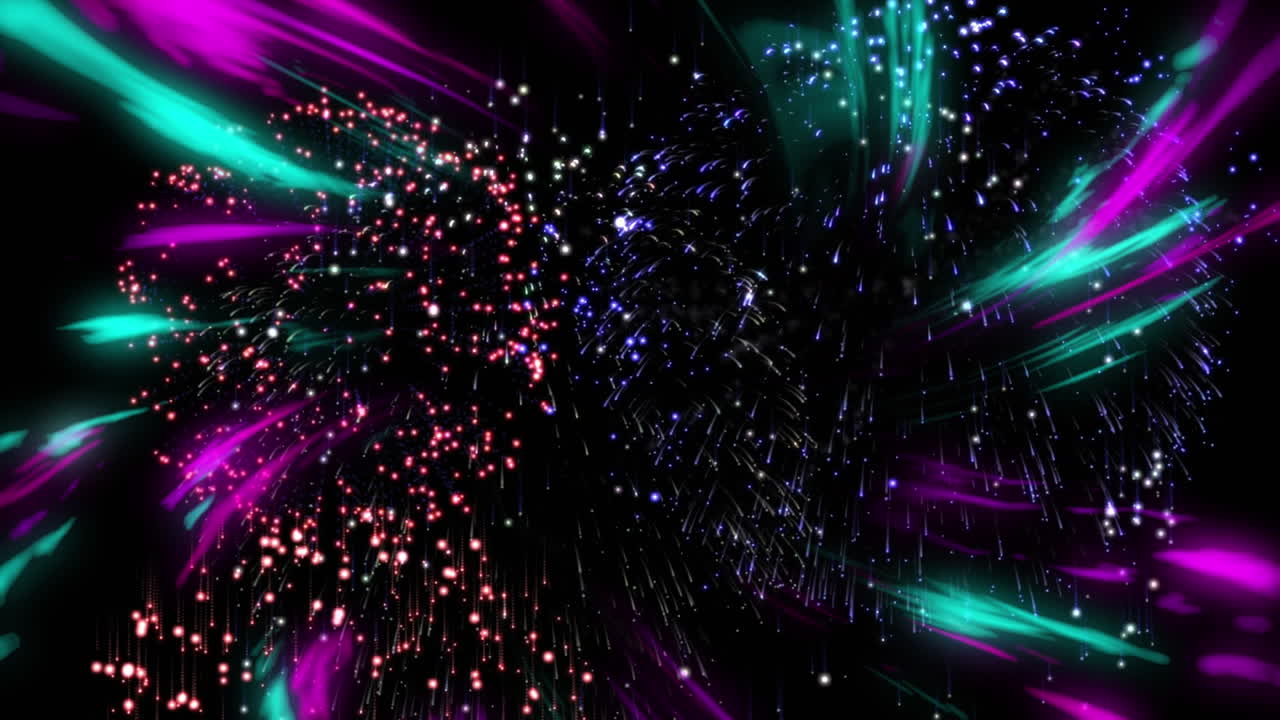 animación de luces coloridas y fuegos artificiales que explotan en el cielo nocturno