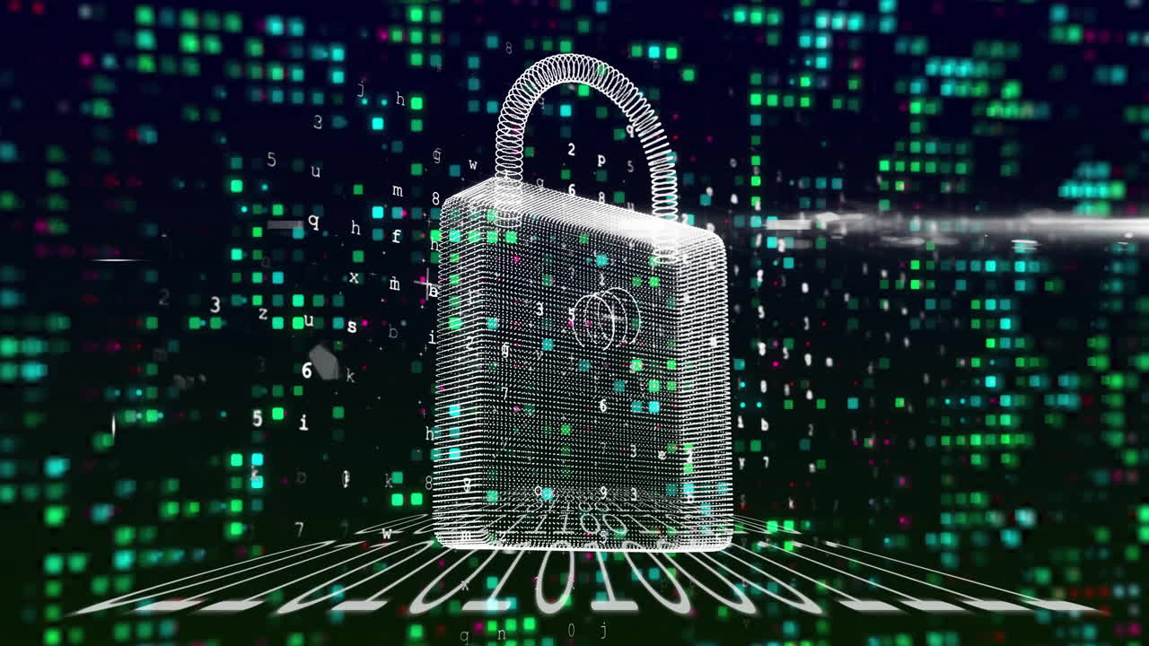 3D wireframe padlock floating above receding binary grid, glowing pixel squares drifting around