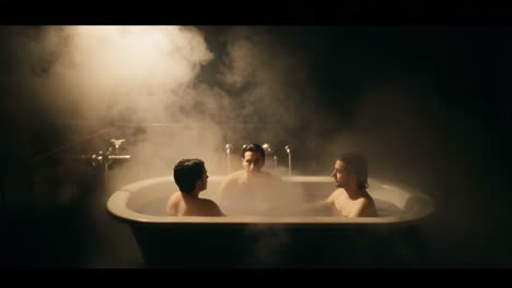 three individuals engaging in conversation in a hazy, steam-filled bathtub, creating an intimate atmosphere of relaxation and connection