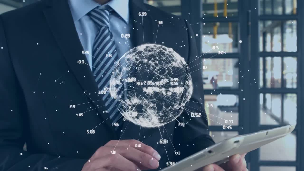 태블릿을 사용하는 사업가에 대한 글로벌 네트워크 및 데이터 처리 애니메이션