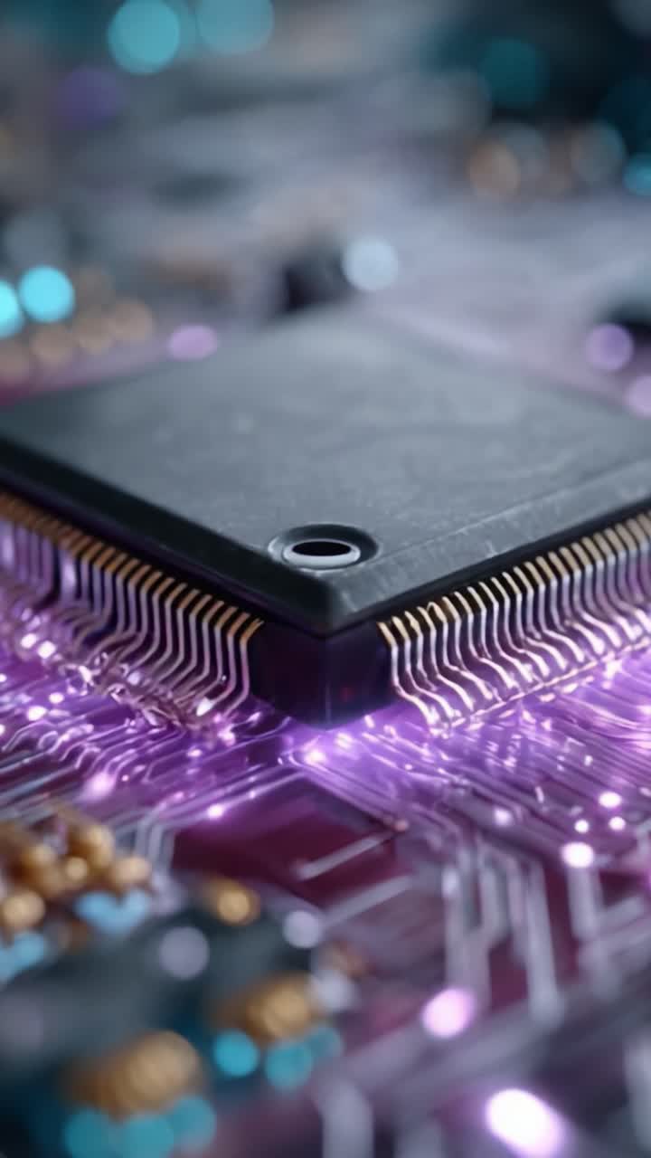Intricate Close-Up of a Microchip with Vibrant Circuitry: A Study of Technology and Innovation Captured in Still Frames