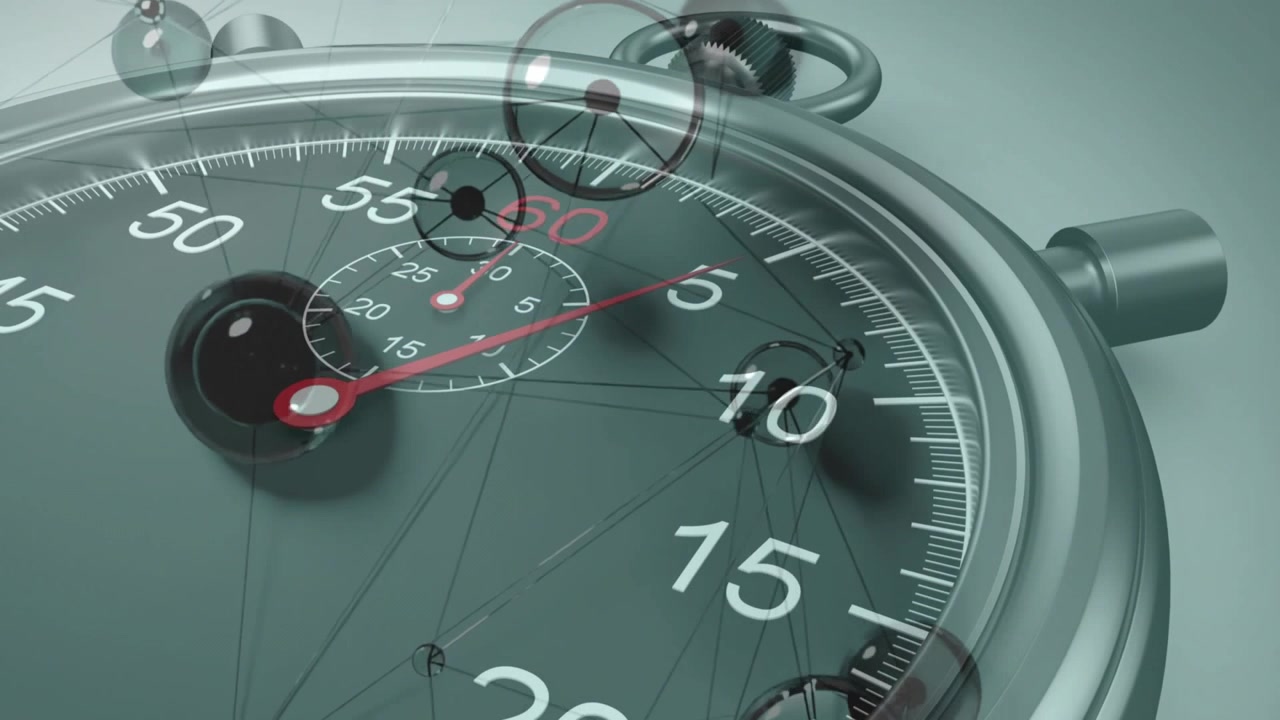Red second hand passing 55 starting spheres clustering spreading across stopwatch showing time flow