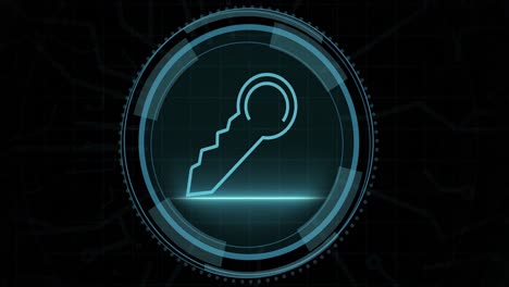 Animation-of-digital-key-in-circle-and-cyber-security-on-black-background