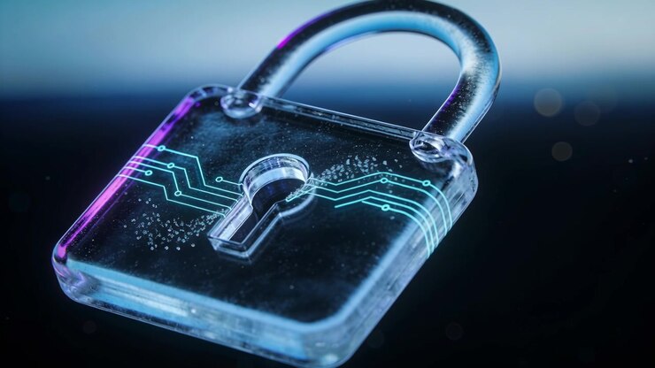 Glass padlock floating in blue void with camera arcing around glowing traces, AI-generated