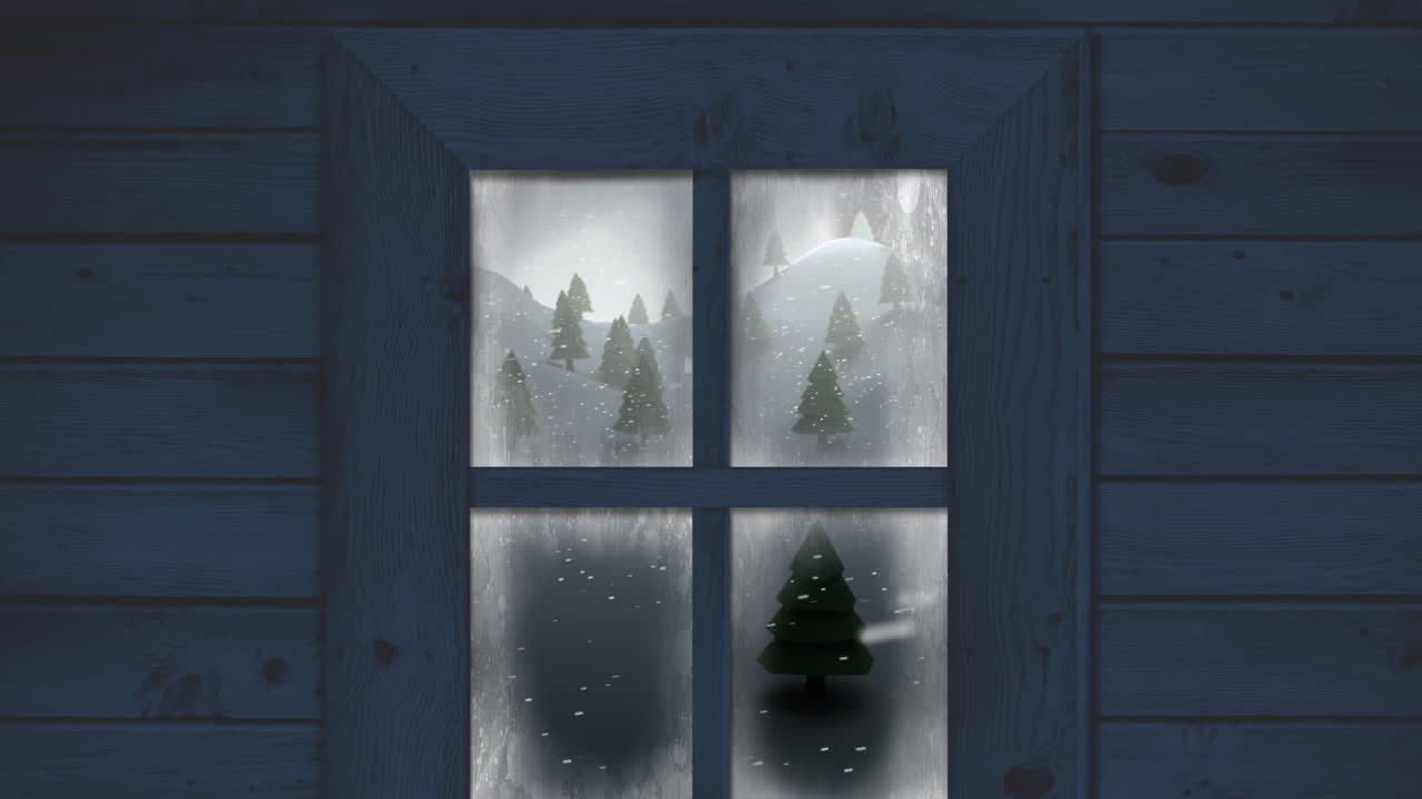 창문 을 통해 볼 수 있는 눈 이 떨어지고 크리스마스 겨울 풍경 의 애니메이션