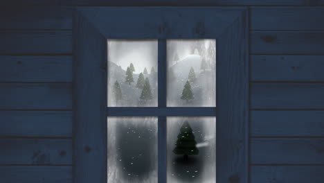 Animation of snow falling and christmas winter scenery seen through window
