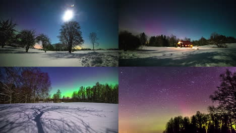 Zeitrafferaufnahme-Verschneiter-Winterszenen-In-Der-Natur-Bei-Nacht-Mit-Nordlichtern-Und-Vollmond